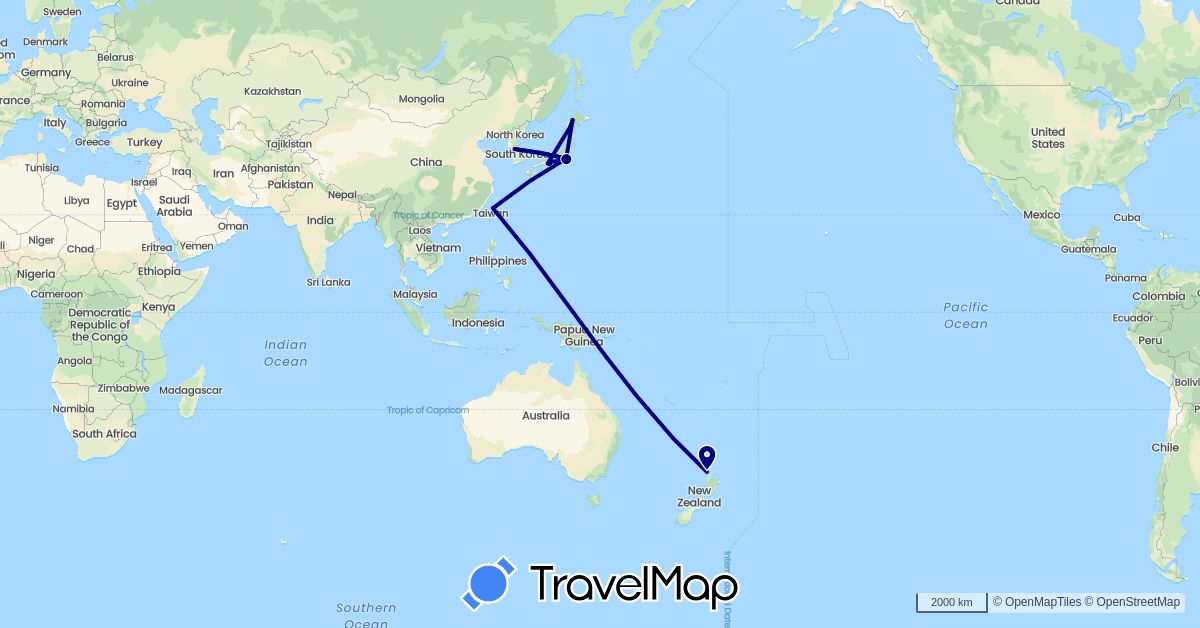 TravelMap itinerary: driving in Japan, South Korea, New Zealand, Taiwan (Asia, Oceania)